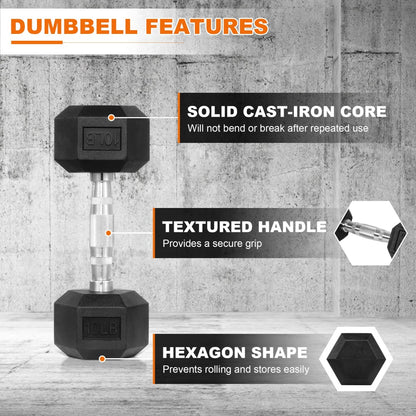 Hexagonal Dumbbells, Rubber Coated for Exercise and Fitness, Multiple Sizes