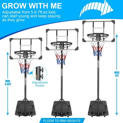 Portable Basketball System with Stable Base and Wheels, Use for Indoor Outdoor Teenagers Youth Height Adjustable 5.6 to 7ft Basketball Hoop 28 Inch Backboard