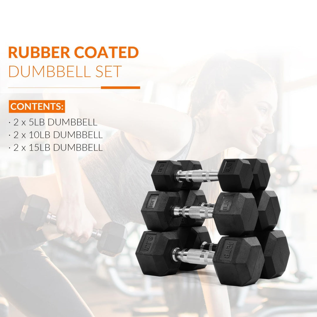 Hexagonal Dumbbells, Rubber Coated for Exercise and Fitness, Multiple Sizes