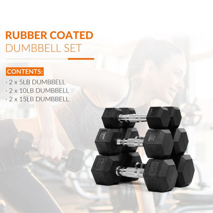 Hexagonal Dumbbells, Rubber Coated for Exercise and Fitness, Multiple Sizes